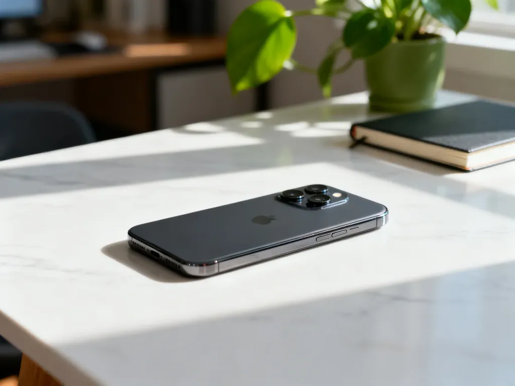 Nowoczesny smartfon leżący na marmurowym biurku w minimalistycznym domowym biurze.