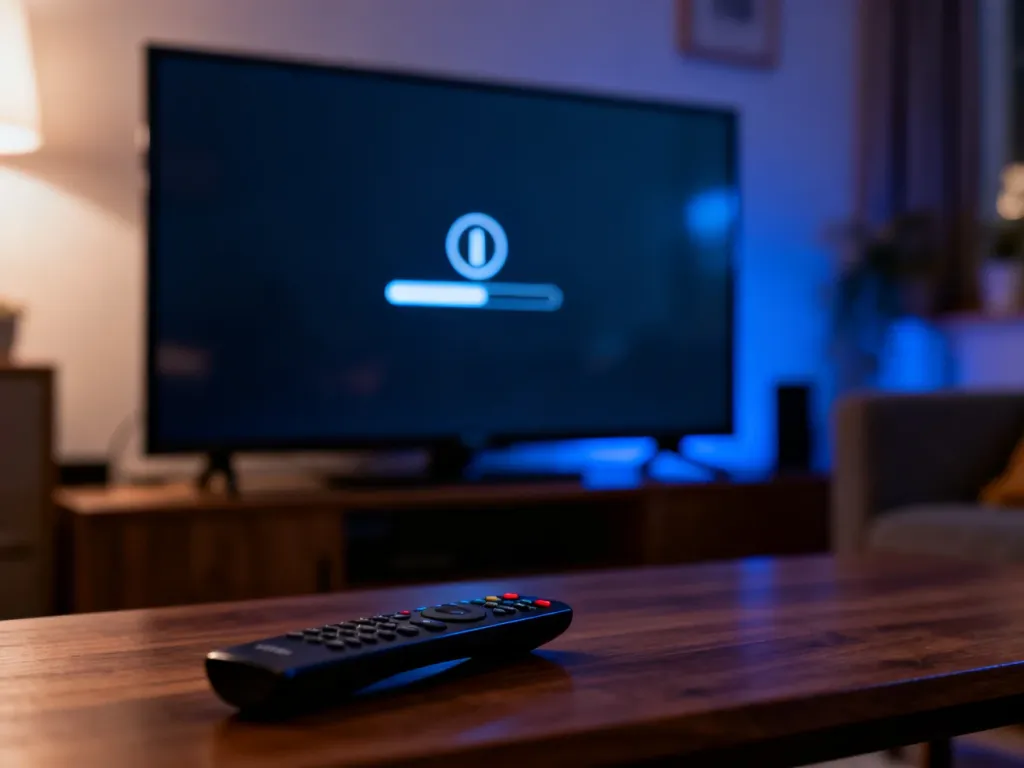 Telewizor z zawieszonym ekranem ładowania Netflix w przyciemnionym salonie, sugerujący problem z połączeniem lub aplikacją.