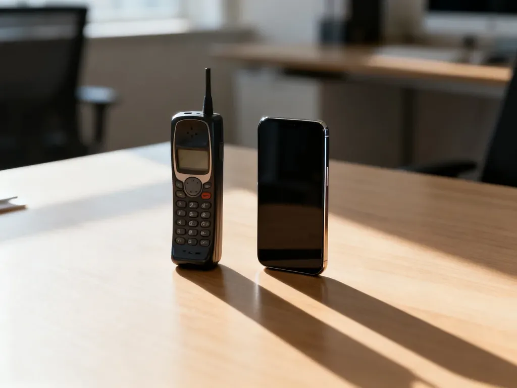 Porównanie klasycznego telefonu z przyciskami oraz nowoczesnego smartfona z bezramkowym ekranem na drewnianym biurku.