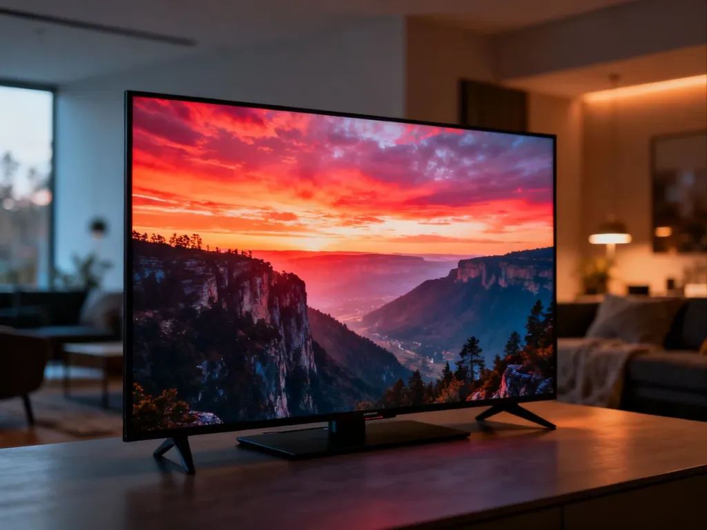 Nowoczesny telewizor 65 cali 4K wyświetlający żywy, kinowy krajobraz w minimalistycznym salonie.