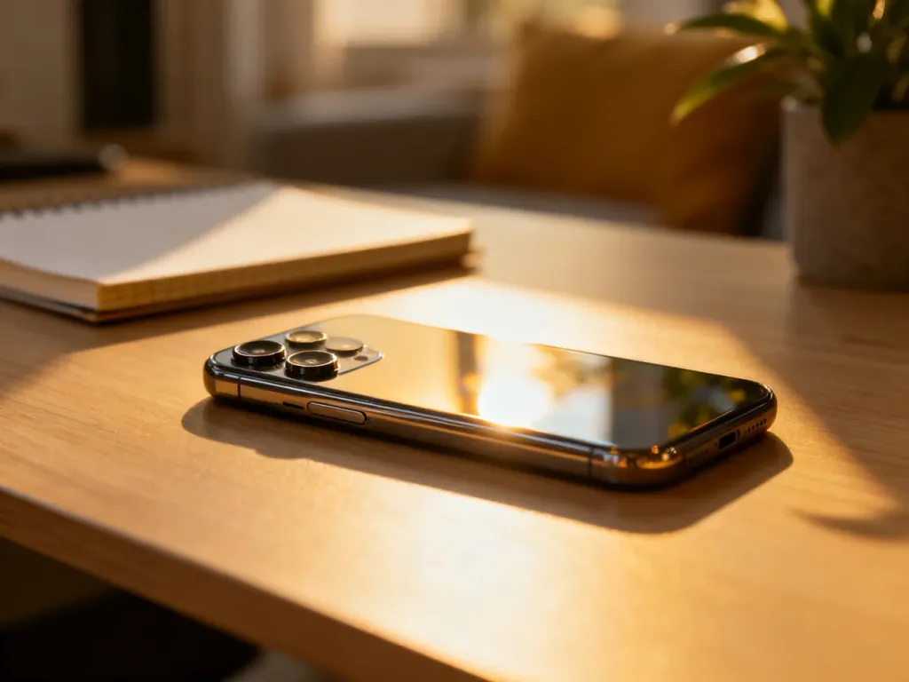 Nowoczesny smartfon leżący na minimalistycznym drewnianym biurku w świetle poranka.