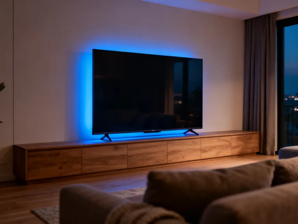 Nowoczesny salon z dużym telewizorem Philips Smart TV na drewnianej ścianie, podkreślony nastrojowym podświetleniem.