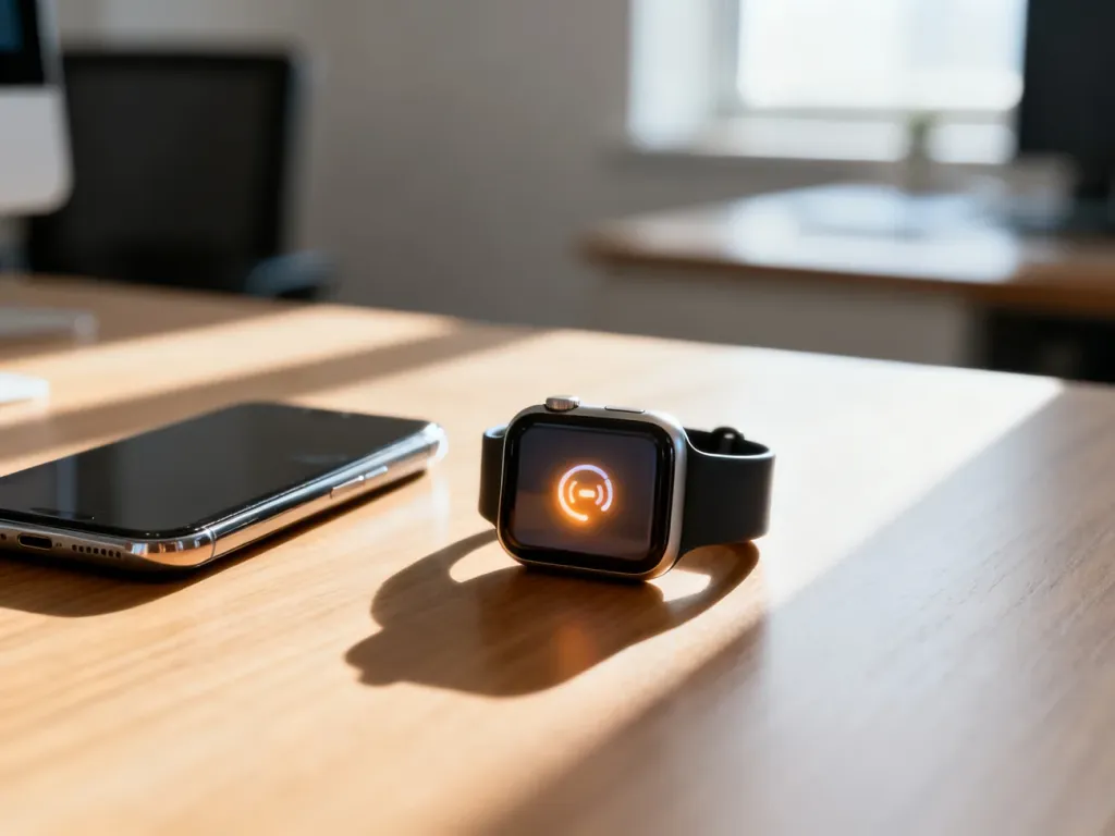 Nowoczesny smartwatch z ikoną połączenia leżący obok smartfona na drewnianym biurku.