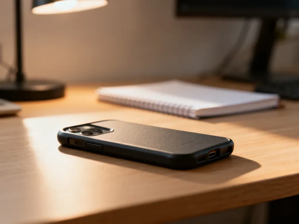 Nowoczesny smartfon Samsung S23 w eleganckim etui ochronnym, leżący na minimalistycznym drewnianym biurku.