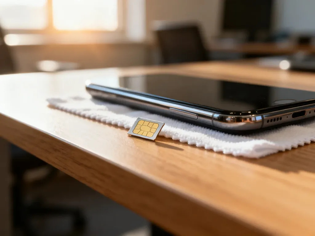 Nowoczesny smartfon leżący na biurku obok wyjętej karty SIM, gotowej do przeniesienia kontaktów.