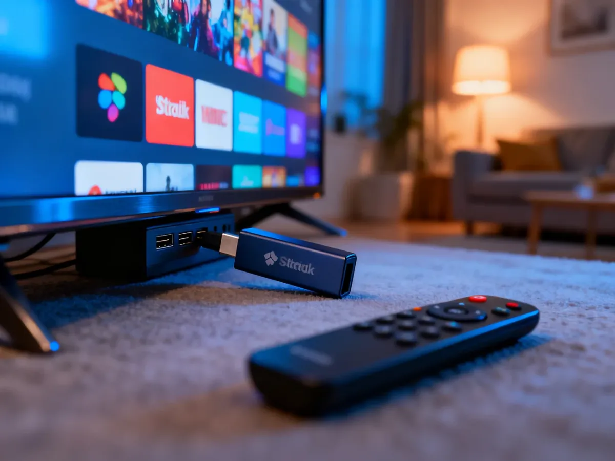 Stick TV podłączony do telewizora z pilotem na pierwszym planie