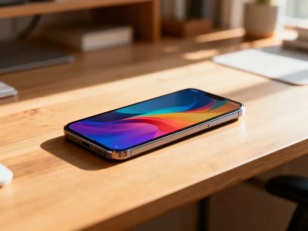 Nowoczesny smartfon z kolorowym ekranem leżący na drewnianym biurku w przytulnym domowym biurze.