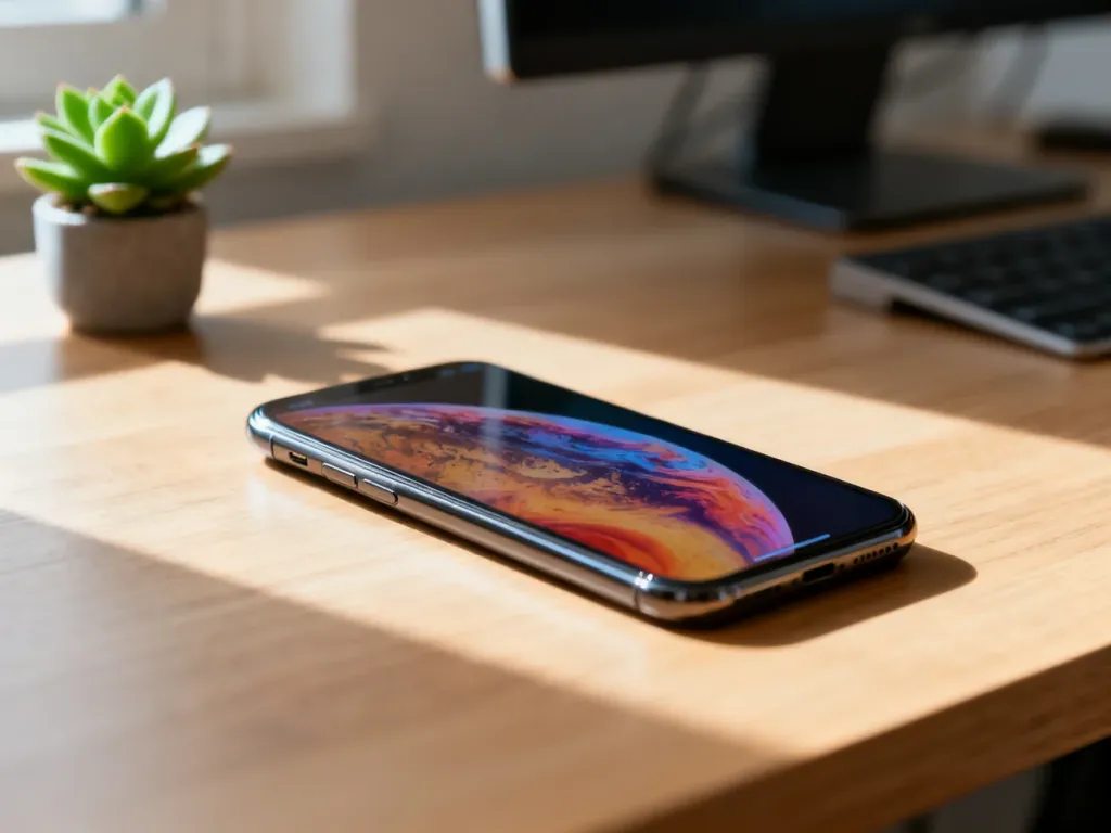 Nowoczesny smartfon leżący na drewnianym biurku w minimalistycznym biurze domowym.