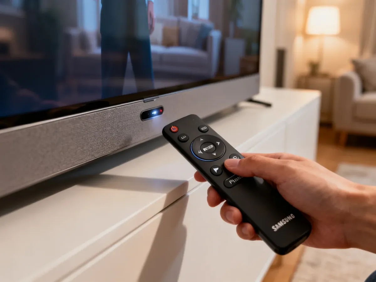 Pilot Samsung Smart Remote trzymany blisko włączonego telewizora podczas parowania
