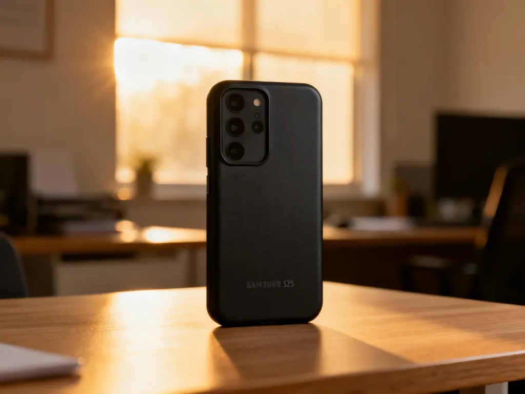 Eleganckie, matowe etui ochronne do Samsunga S25 leżące na minimalistycznym drewnianym biurku w promieniach słońca.
