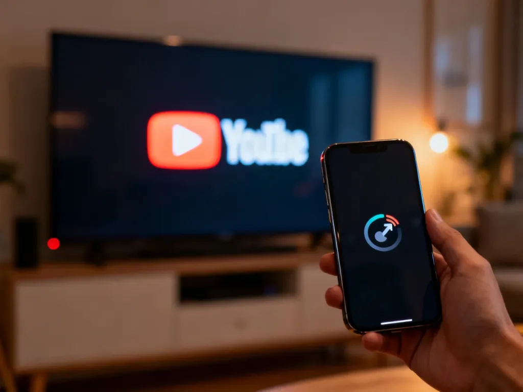 Smartfon z ikoną przesyłania obrazu skierowany w stronę telewizora z logo YouTube, ilustrujący proces łączenia urządzeń.