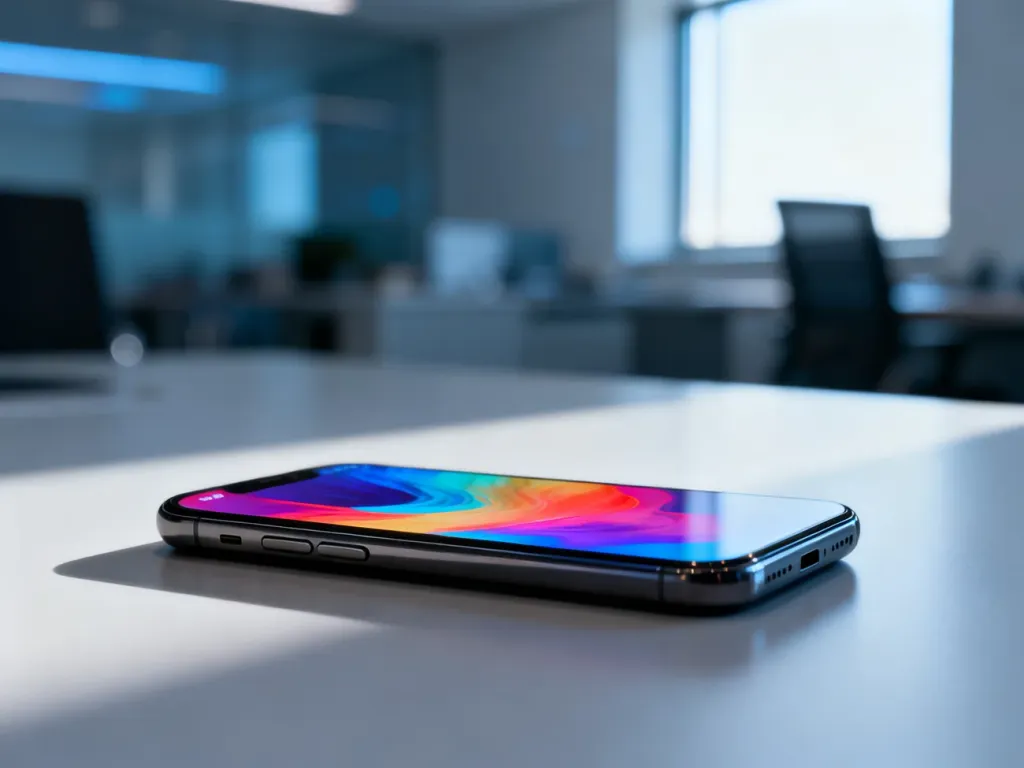 Nowoczesny smartfon z kolorową tapetą na ekranie, prezentujący design urządzenia w profesjonalnym ujęciu.