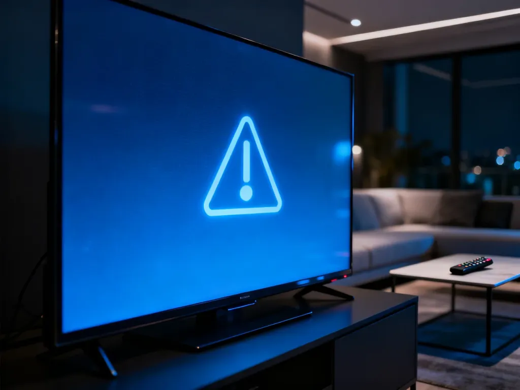 Ekran telewizora z symbolem błędu technicznego w ciemnym salonie, ilustrujący problem z działaniem aplikacji TVP VOD.