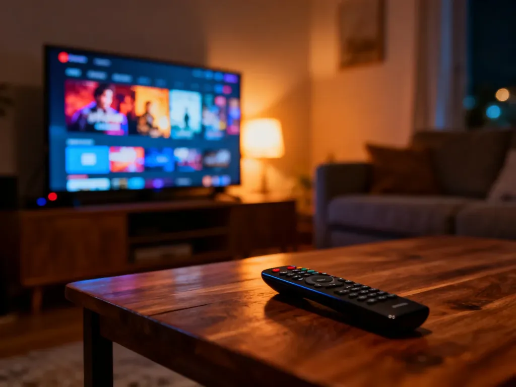 Nowoczesny telewizor z włączonym menu aplikacji w przytulnym salonie wieczorową porą. Na stoliku leży pilot do sterowania.