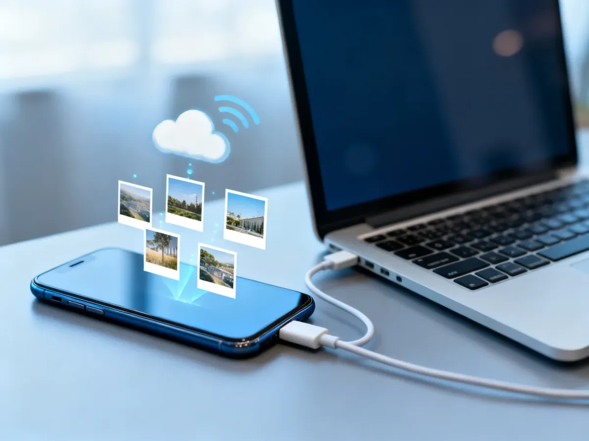 Telefon podłączony kablem USB do laptopa podczas przesyłania zdjęć