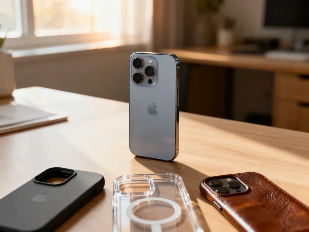 iPhone 14 leżący na biurku w otoczeniu różnych modeli etui: silikonowych, przezroczystych i skórzanych.