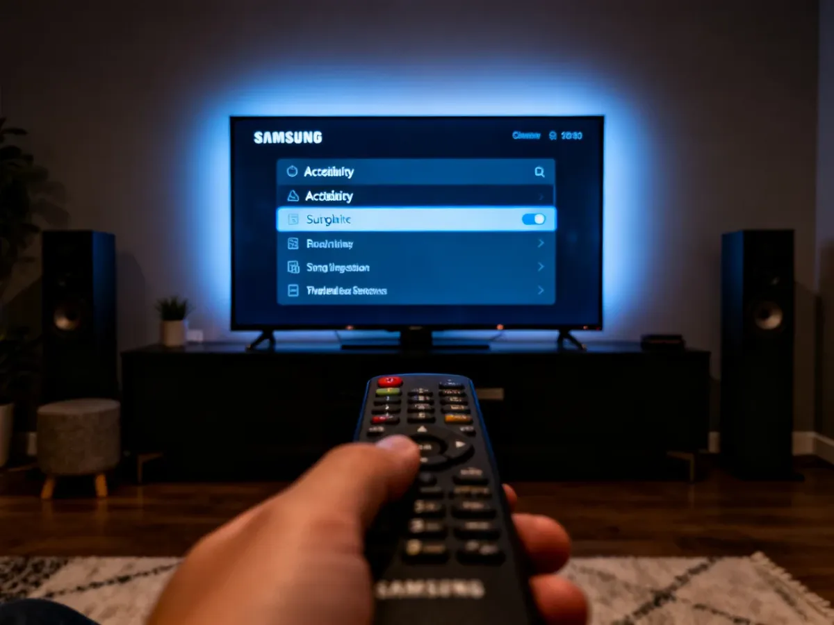 Nowoczesny telewizor Samsung z otwartymi ustawieniami dostępności i napisów