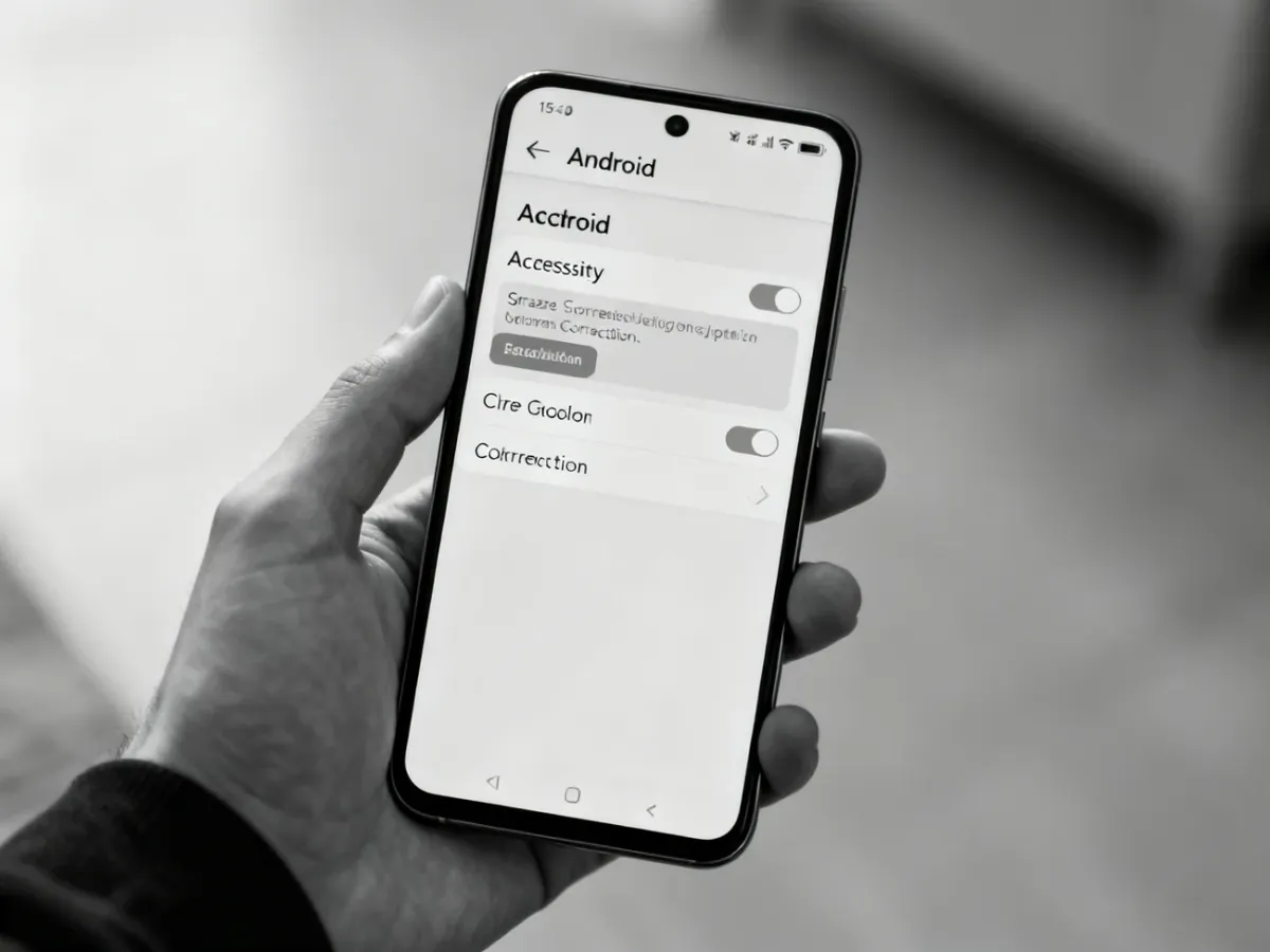 Telefon z Androidem otwarty w ustawieniach korekcji kolorów i skali szarości