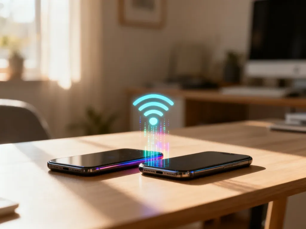 Dwa smartfony leżące na biurku z ikoną bezprzewodowego przesyłu danych, symbolizującą szybkie wysyłanie zdjęć między telefonami.