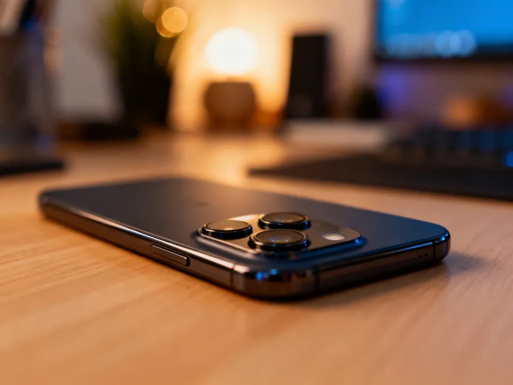 Nowoczesny smartfon z wyraźnie zaznaczonym obiektywem aparatu leżący na minimalistycznym drewnianym biurku.