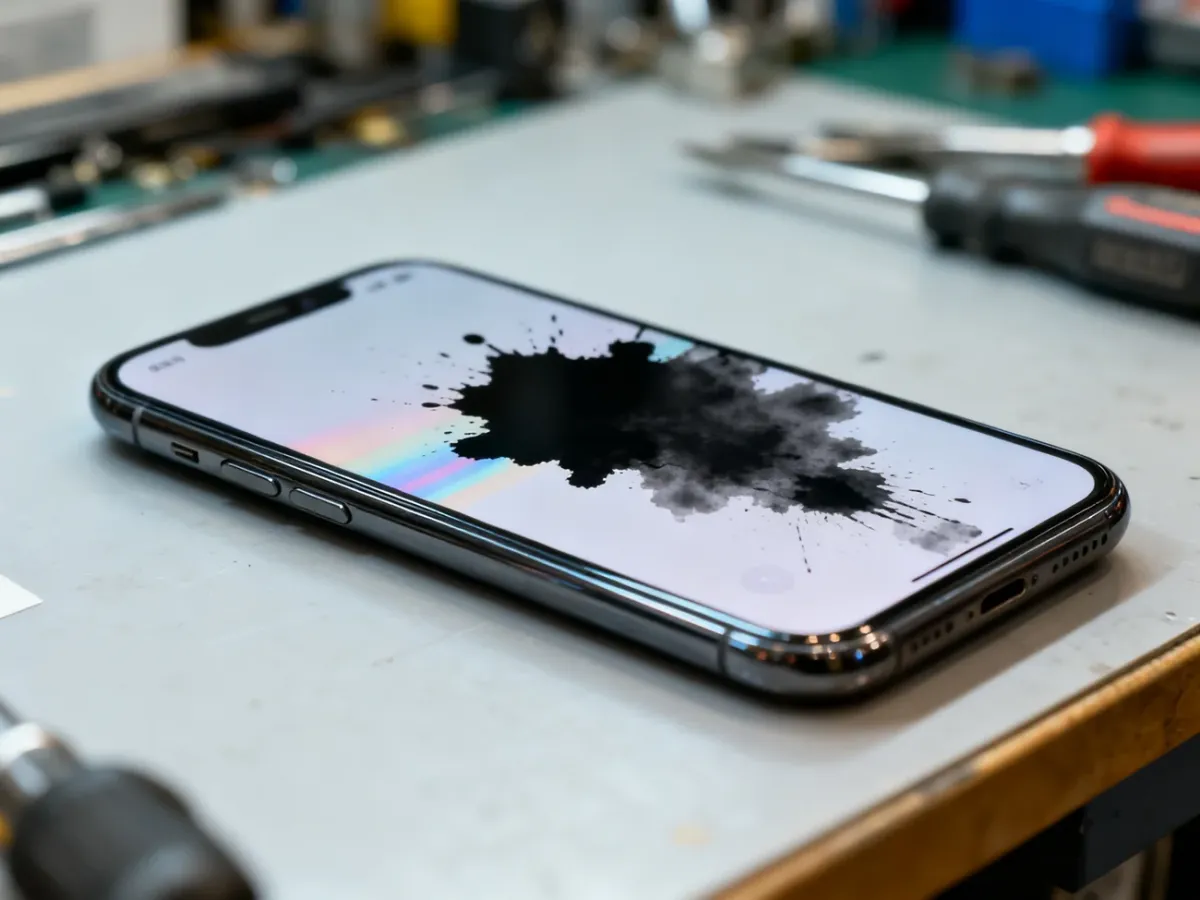 Smartfon z nieregularną czarną plamą wskazującą na uszkodzenie matrycy