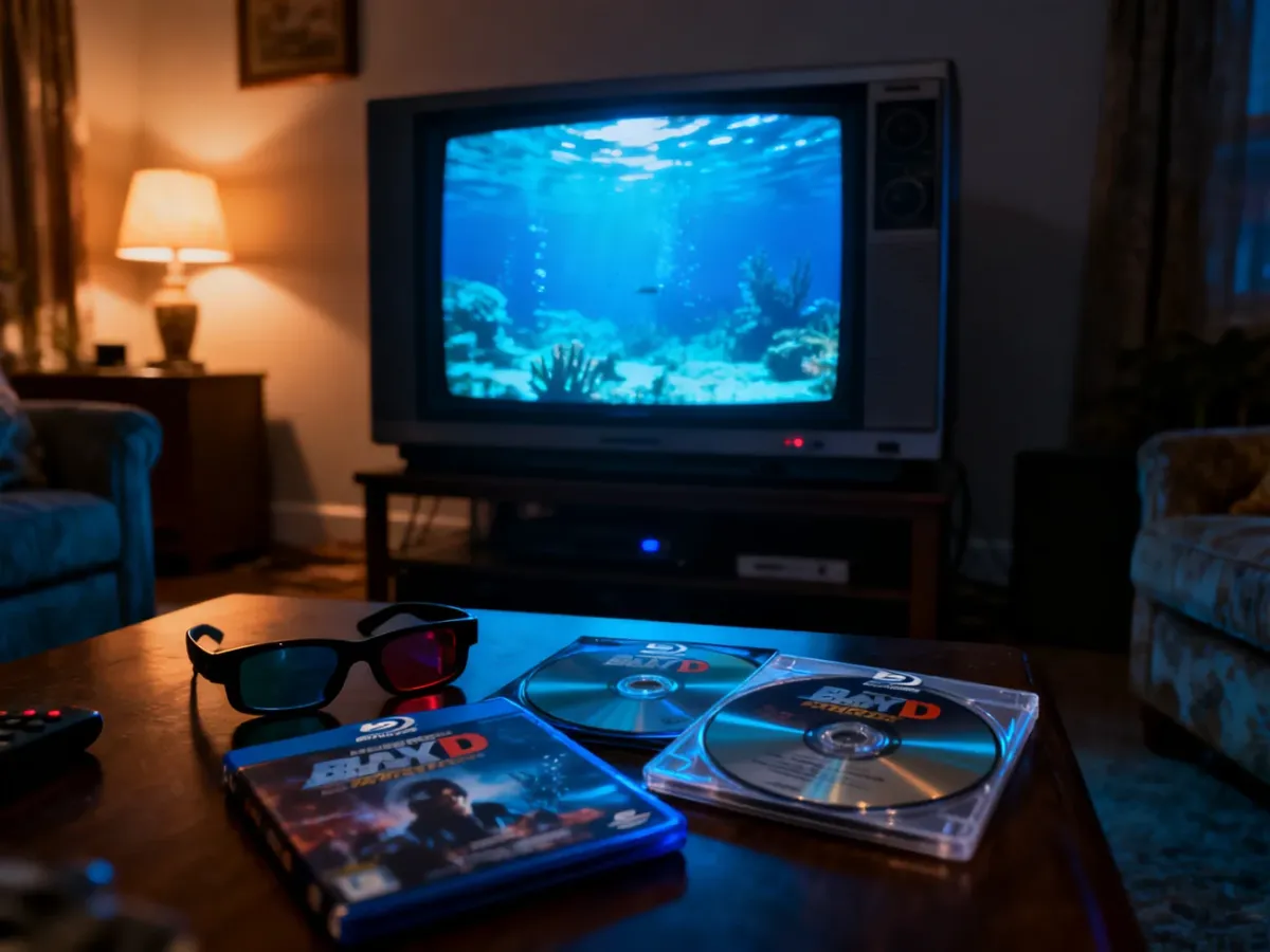 Starszy telewizor 3D z okularami migawkowymi i płytami Blu-ray 3D w domowym salonie