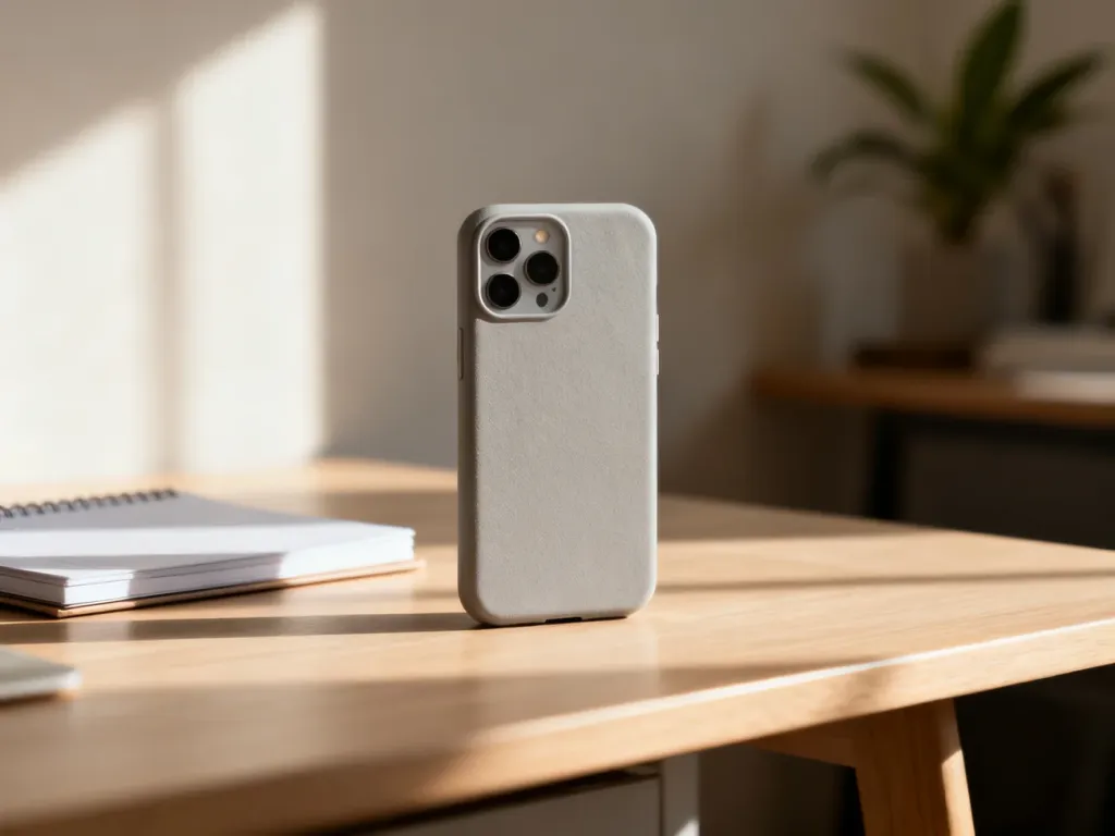 Eleganckie etui na telefon Redmi Note 12 leżące na minimalistycznym drewnianym biurku w świetle poranka.
