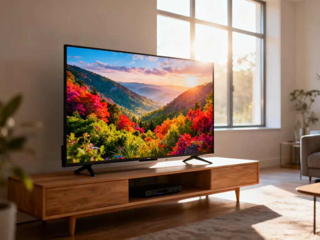 Nowoczesny 40-calowy telewizor Smart TV ustawiony na drewnianej szafce w jasnym, przytulnym salonie.