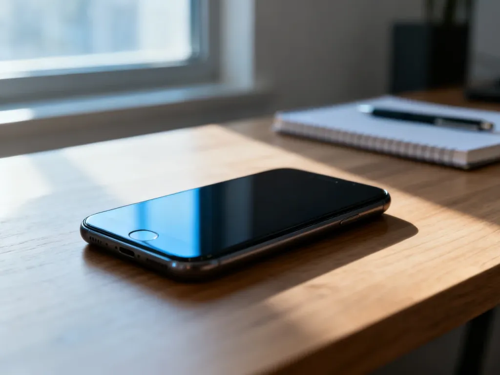 Nowoczesny smartfon z wygaszonym ekranem leżący na drewnianym biurku w minimalistycznym biurze.