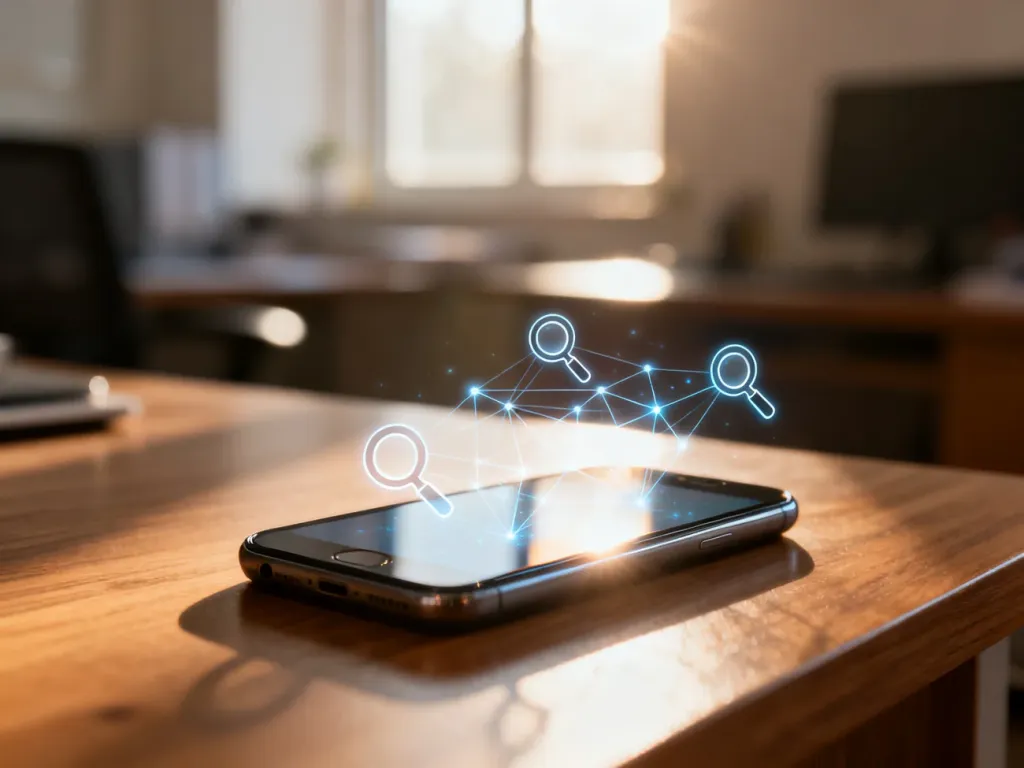 Nowoczesny smartfon na biurku z ikonami wyszukiwania na ekranie, symbolizujący proces sprawdzania numeru telefonu.