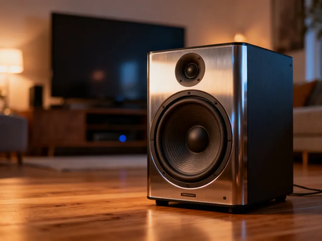 Nowoczesny subwoofer z widoczną membraną głośnika, ustawiony w minimalistycznym salonie z kinem domowym w tle.