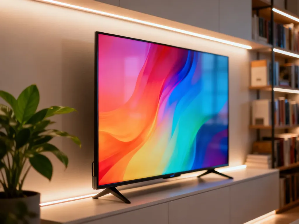 Nowoczesny telewizor QLED z żywym obrazem na ścianie w przytulnym, stylowym salonie.