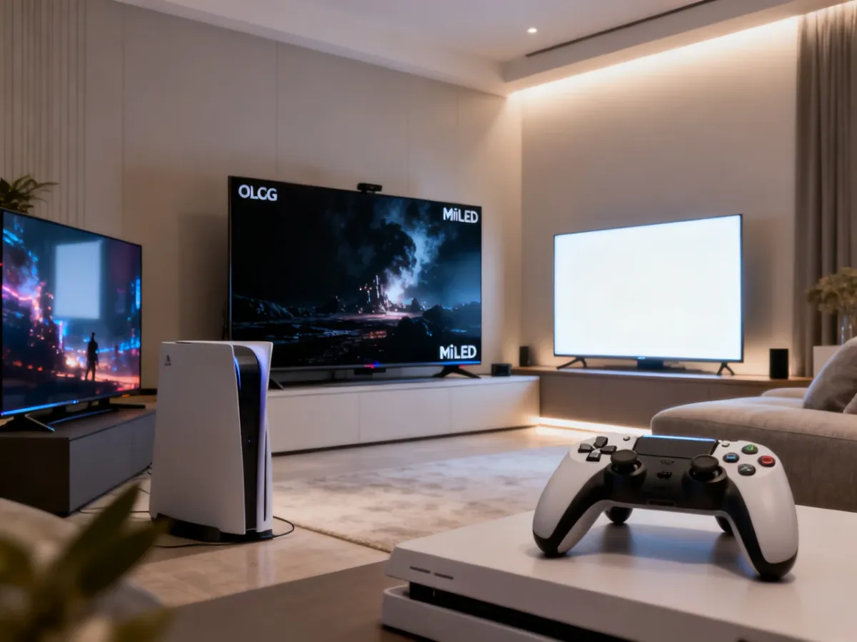 Nowoczesny salon z telewizorami OLED i Mini-LED oraz konsolą do gier