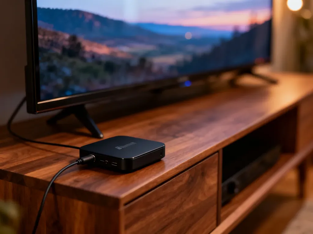 Nowoczesny transmiter Bluetooth podłączony do telewizora, zapewniający bezprzewodową transmisję dźwięku w domowym salonie.