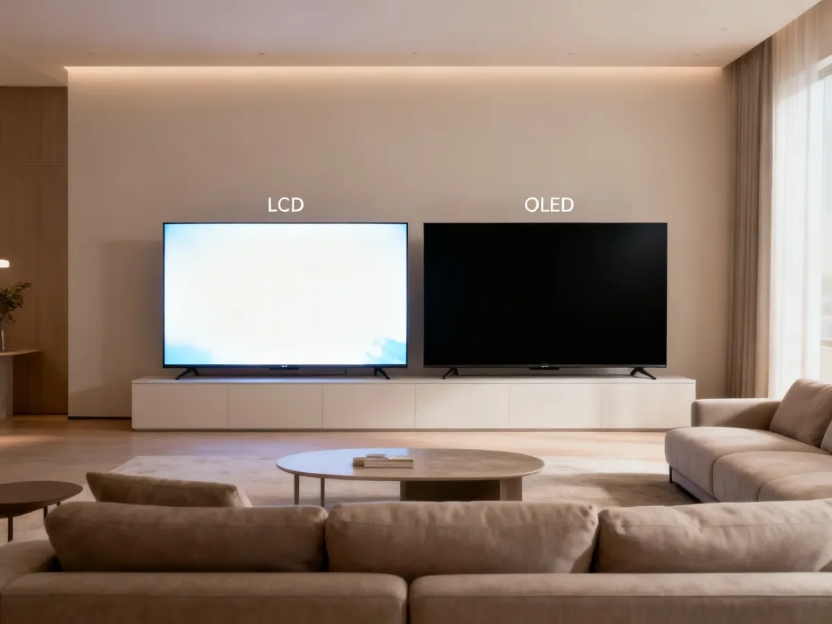Dwa telewizory porównane w jasnym salonie, pokazujące różnice między ekranem LCD i OLED