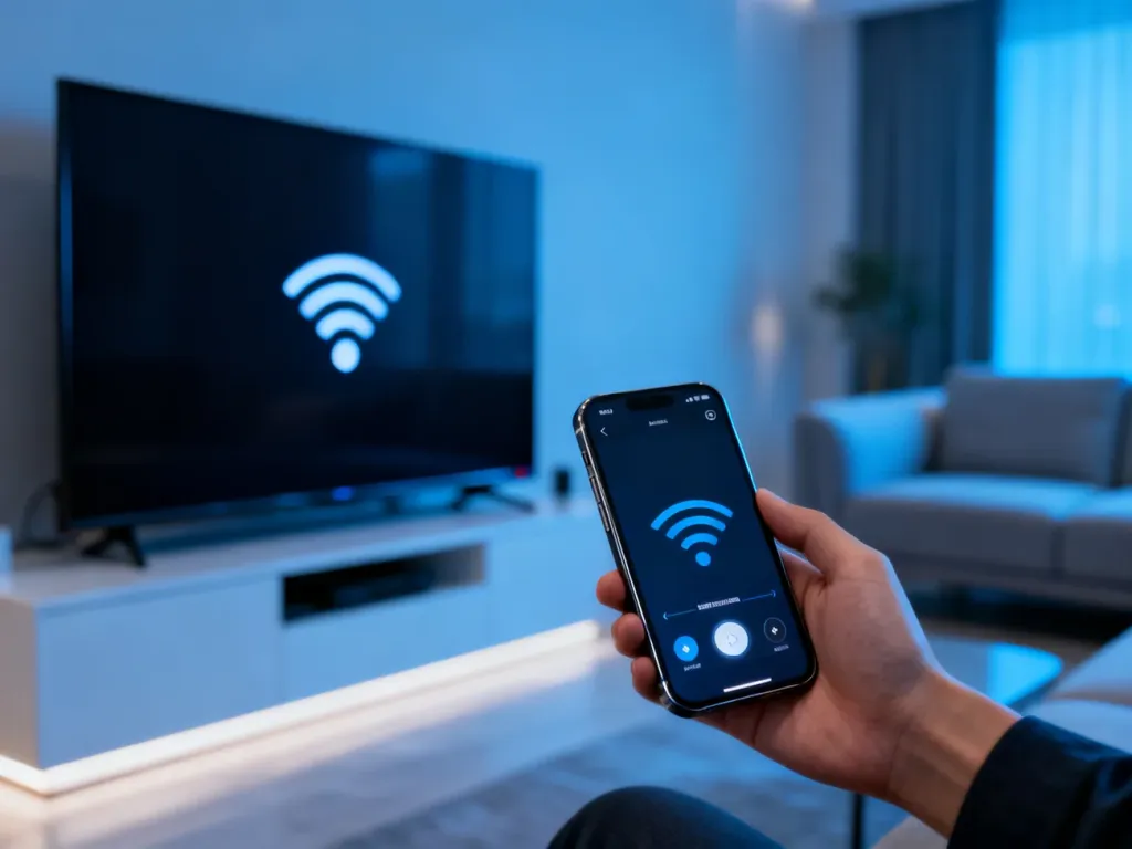 Nowoczesny telewizor i smartfon z aktywną funkcją bezprzewodowego przesyłania obrazu w salonie.