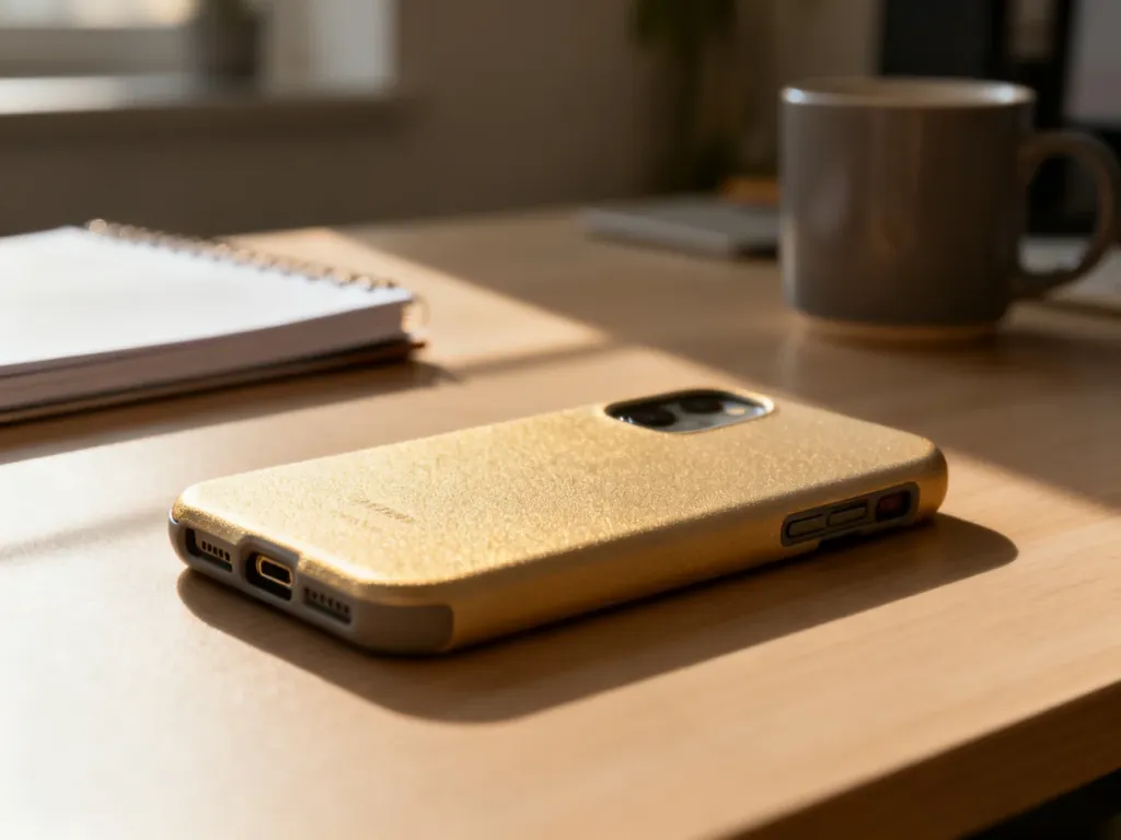 Nowoczesne etui na telefon Redmi 10 leżące na drewnianym biurku w promieniach porannego słońca.