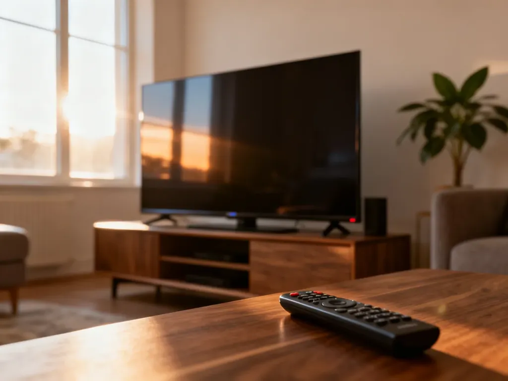 Nowoczesny telewizor 49-calowy w minimalistycznym salonie, prezentujący estetykę urządzenia w domowym wnętrzu.