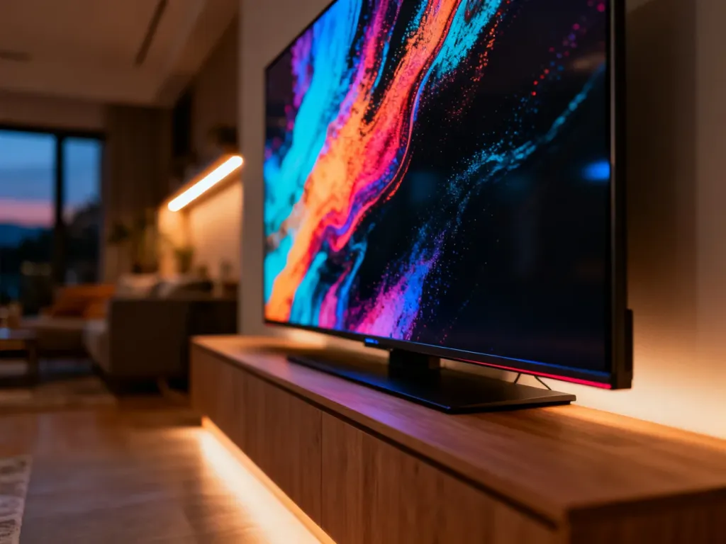 Nowoczesny telewizor OLED 48 cali z żywymi kolorami, zamontowany na minimalistycznej drewnianej ścianie w przytulnym salonie.