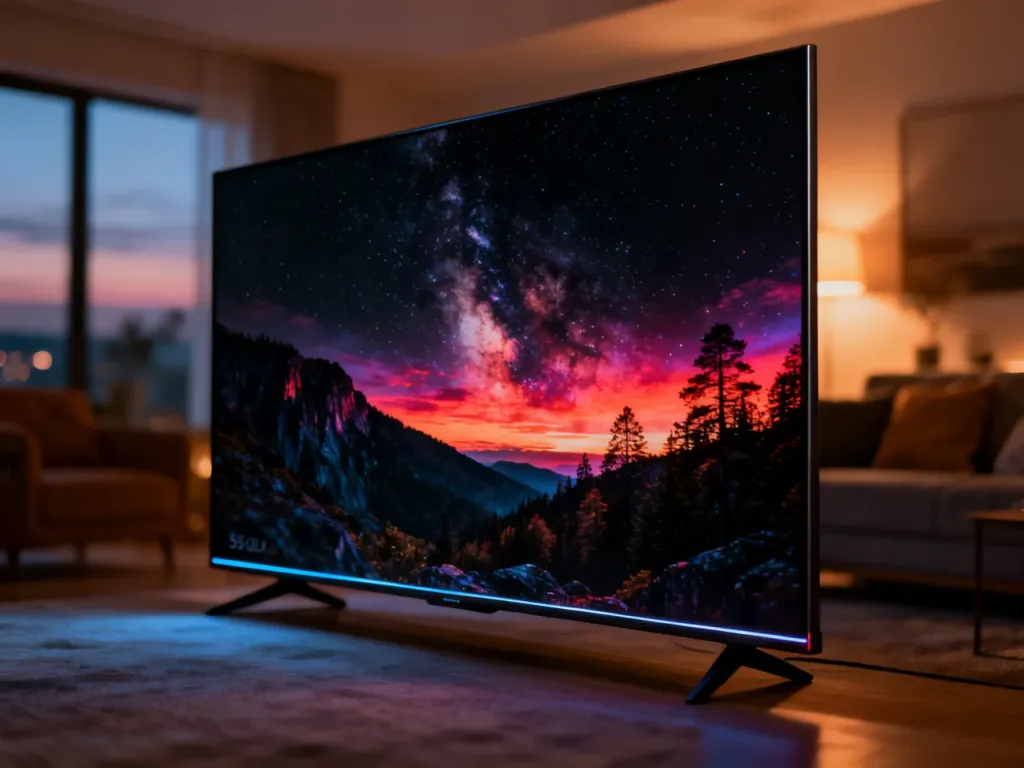 Nowoczesny telewizor QLED 55 cali z żywym obrazem natury, wyeksponowany w minimalistycznym salonie o przytulnym oświetleniu.