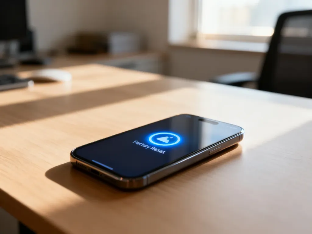 Nowoczesny smartfon na drewnianym biurku z ikoną resetowania ustawień fabrycznych na ekranie.