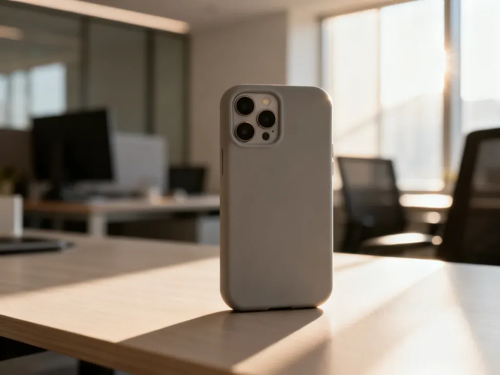 Eleganckie, matowe etui na iPhone'a leżące na minimalistycznym drewnianym biurku w promieniach porannego słońca.