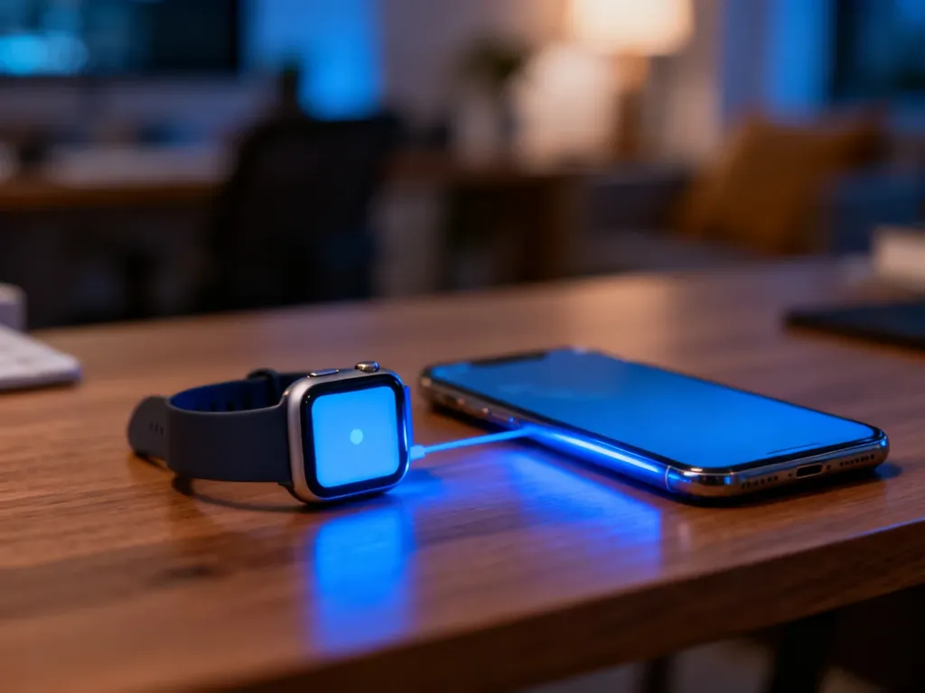 Nowoczesny smartwatch połączony ze smartfonem na drewnianym biurku, symbolizujący udaną synchronizację urządzeń.