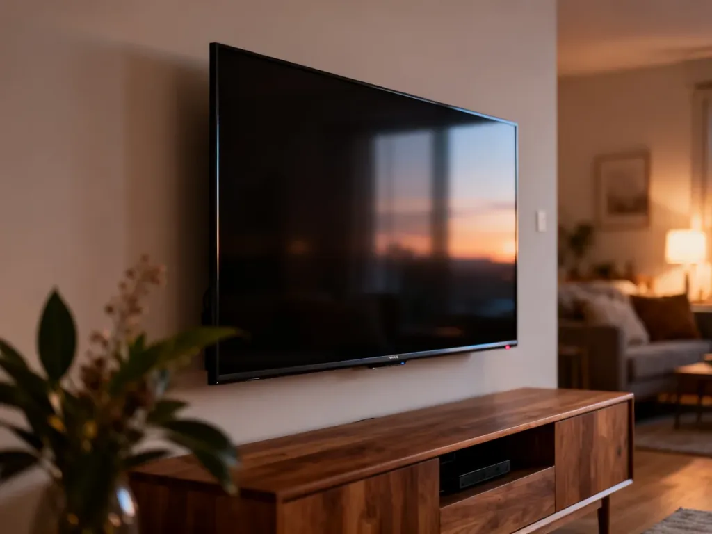 Nowoczesny telewizor 50-calowy zamontowany na ścianie w minimalistycznym salonie.