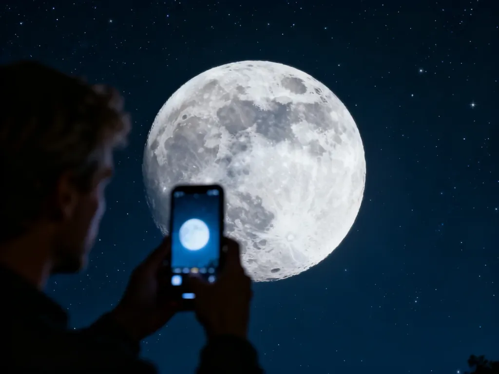 Osoba trzymająca smartfon wycelowany w jasny, szczegółowy księżyc na tle rozgwieżdżonego nieba.