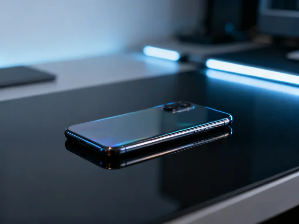 Nowoczesny smartfon klasy premium na eleganckim, ciemnym blacie w minimalistycznym biurze.