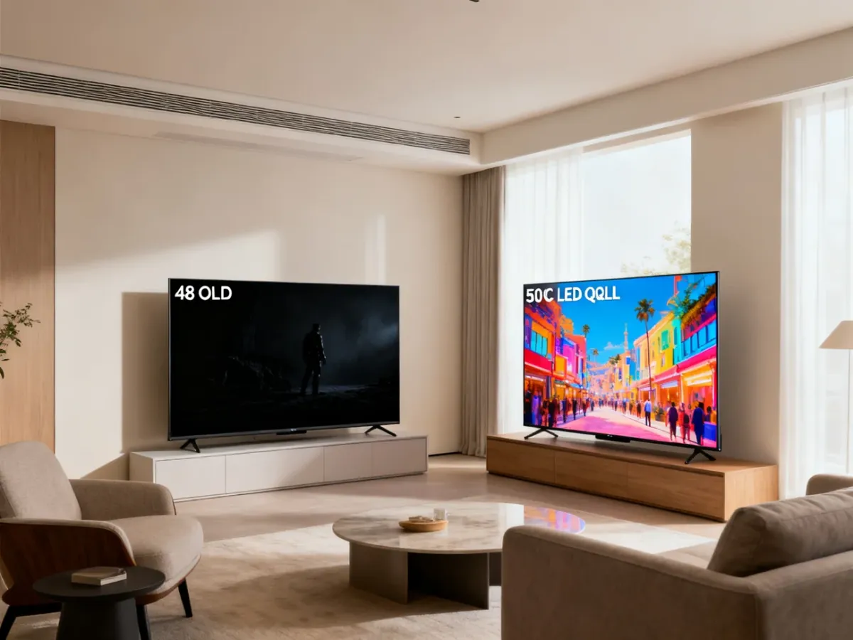 Porównanie telewizora OLED 48 cali i telewizora LED lub QLED 50 cali w nowoczesnym salonie