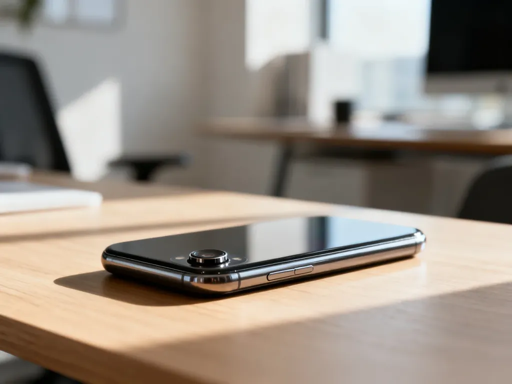 Nowoczesny smartfon LG K10 leżący na drewnianym biurku w słonecznym, minimalistycznym biurze.