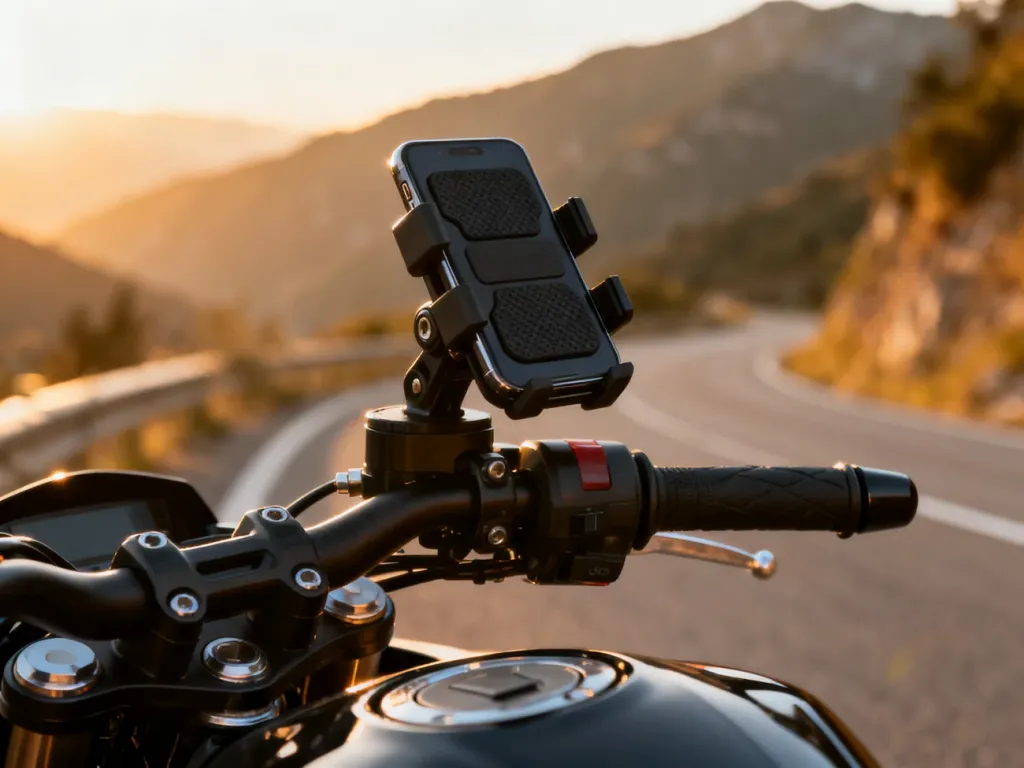 Profesjonalny uchwyt na telefon zamontowany na kierownicy motocykla z widokiem na malowniczą górską drogę.