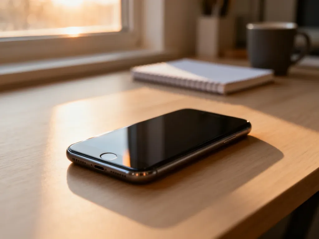 Nowoczesny smartfon leżący na minimalistycznym biurku w promieniach porannego słońca.